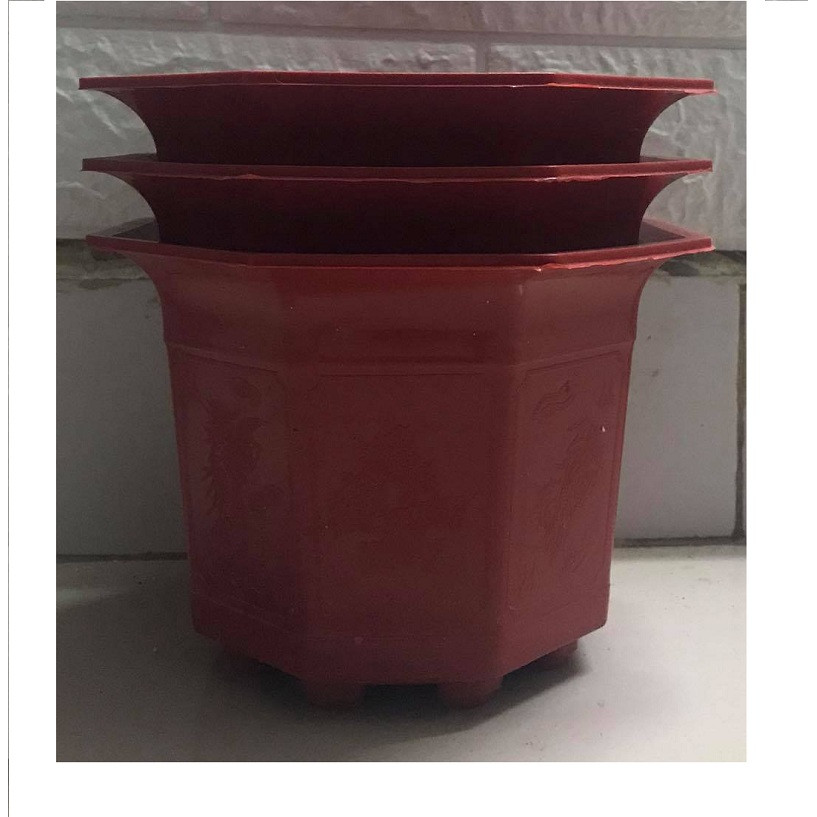 3 Chậu Nhựa Trồng Cây Hoa, Cây Cảnh Bát Giác Màu Đỏ Kích Thước 170x120