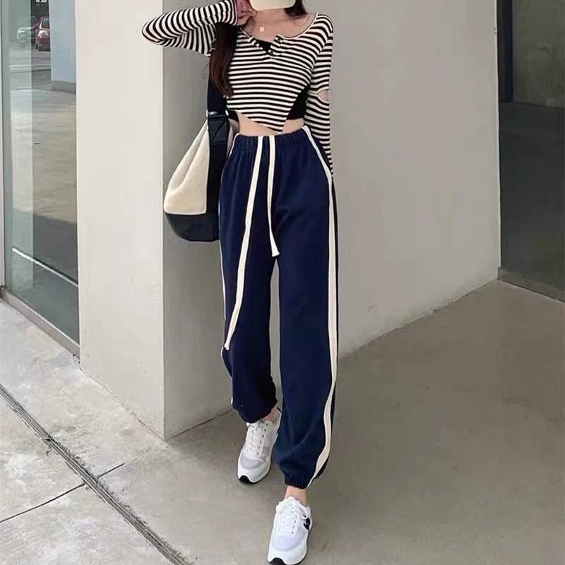 -Quần thể thao nữ cao cấp mùa đông có dây rút đơn giản lưng chun phối sọc bên