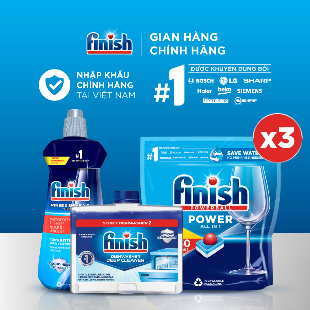 Combo Tiêu Chuẩn: 3 X Túi 30 Viên Nước Rửa Bát All In One Max + Nước Làm Bóng Rinse &amp; Shine Aid + Dung Dịch Tẩy Rửa Máy Rửa Chén Bát.