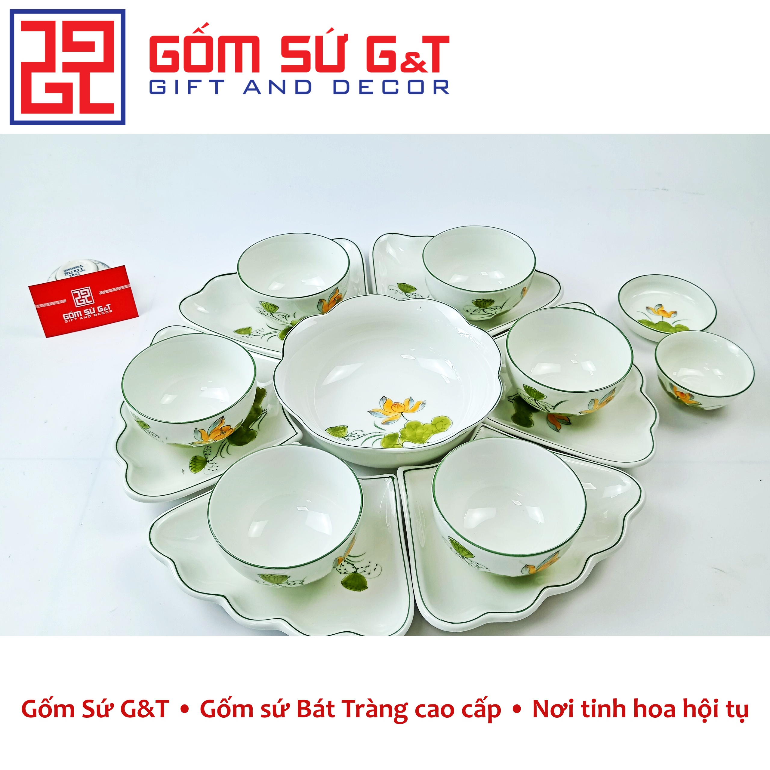 Bộ đồ ăn mặt trời men kem vẽ sen vàng Gốm Sứ G&amp;T