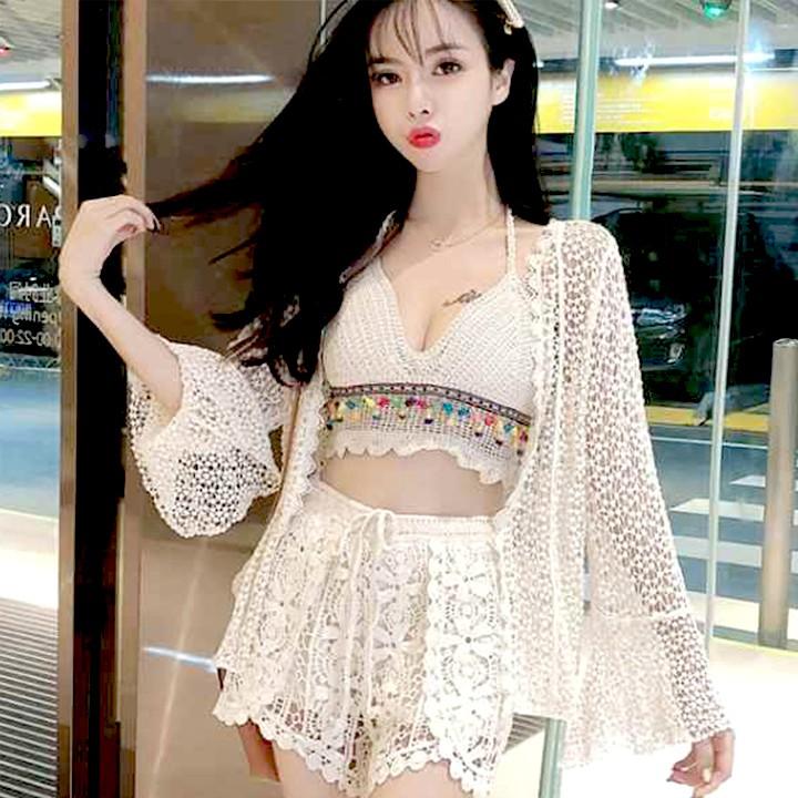 Bộ bơi nữ 3 mảnh bikini len móc cao cấp có kèm áo choàng