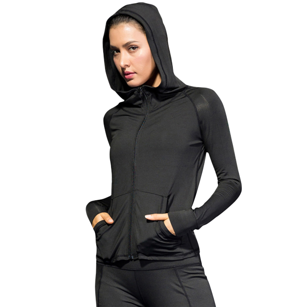 Áo khoác thể thao dài tay nữ có mũ trùm đầu và túi zip phía trước