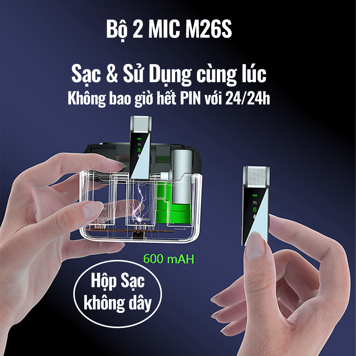 Mic Thu Âm Lọc Ồn Đôi M-26s Cho Mọi Điện Thoại Có Hộp Sạc Hiển Thị PIN, Hỗ Trợ Livestream, Quay Video Vlog, Sử Dụng 24/24h tiện lợi, Hàng Chính Hãng