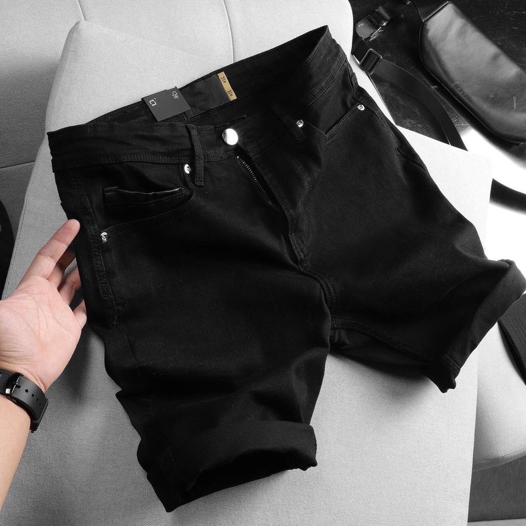 Quần short jean nam đen trắng trơn rách xước Vải dày dặn co giãn tốt