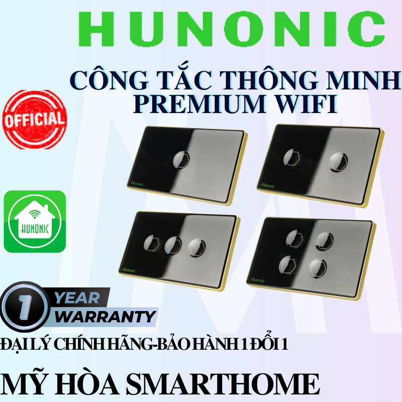 Công tắc thông minh Hunonic Premium Viền Vàng Kính Lõm cảm ứng 1/2/3/4 nút-Hàng Chính Hãng