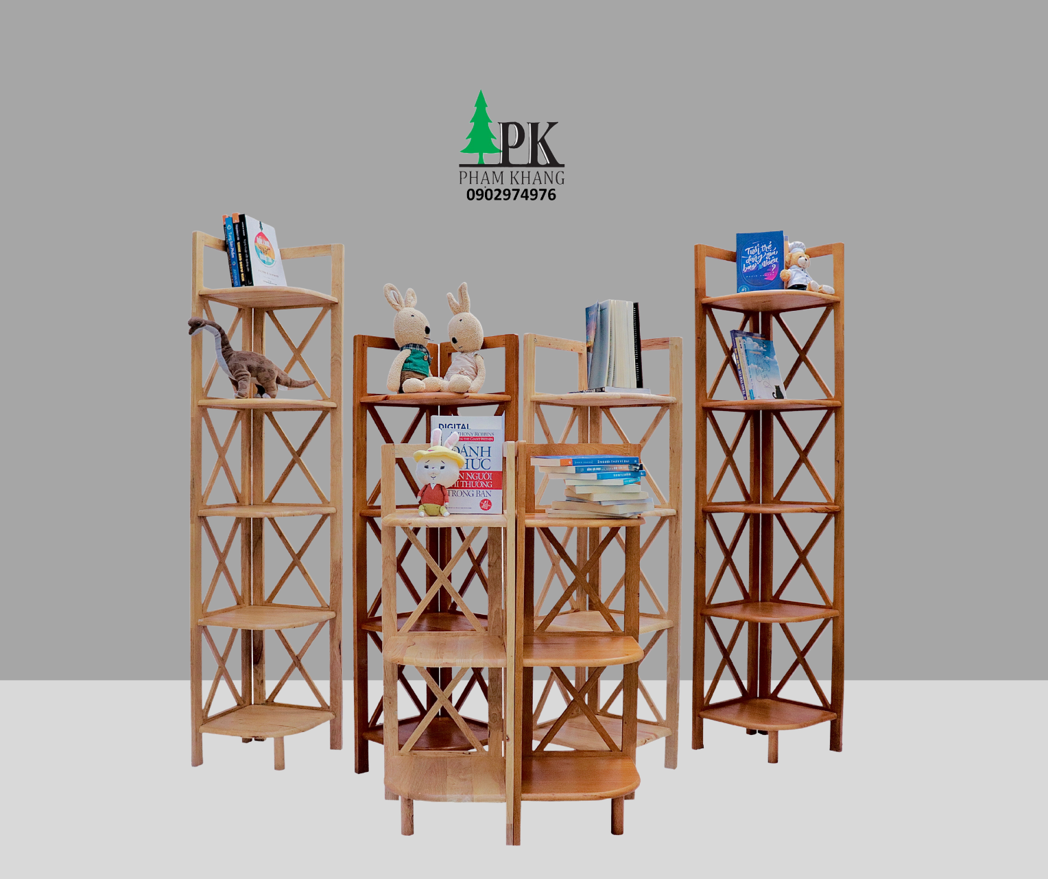 Kệ góc gỗ 3 tầng/ 4 tầng/ 5 tầng Phạm Khang - Gỗ cao su tự nhiên màu Gỗ Tự Nhiên/ Vàng Cherry - Kích thước rộng 32 cm
