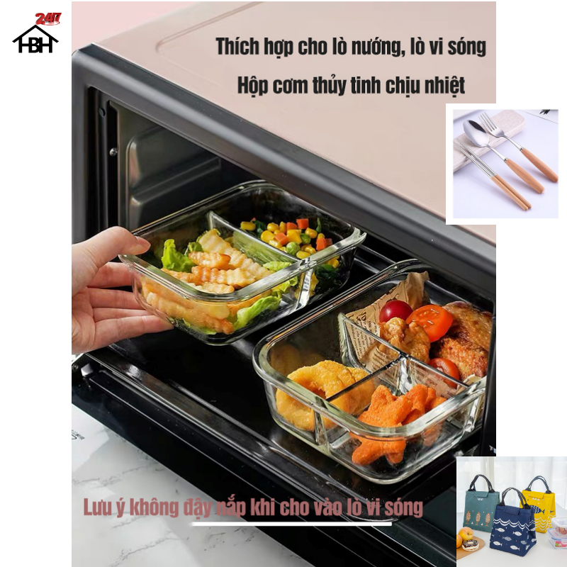 Hộp Cơm Thủy Tinh 3 Ngăn 1050 ml + Túi Cá + Hộp Đũa Thìa Cán gỗ cực kì tiện lợi