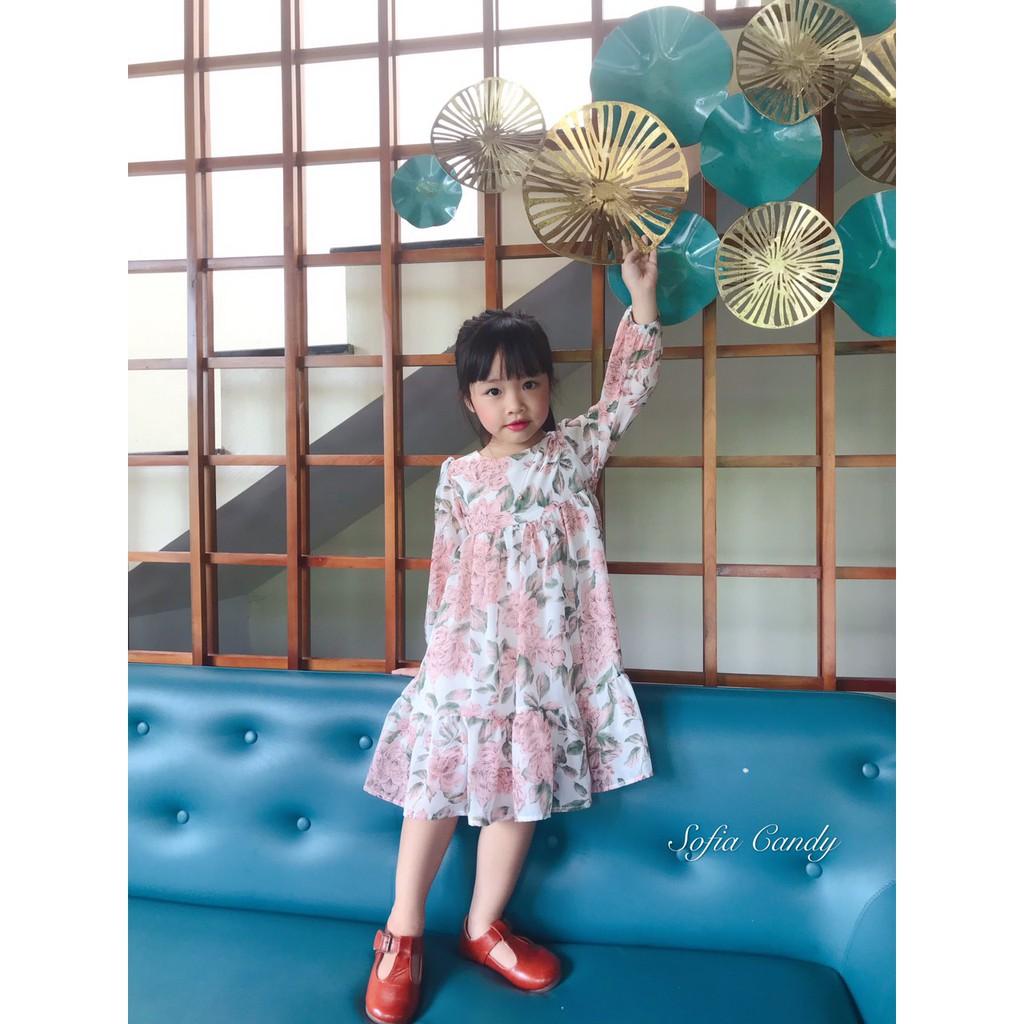 Váy hoa hồng tiểu thư voan nhẹ cho bé gái