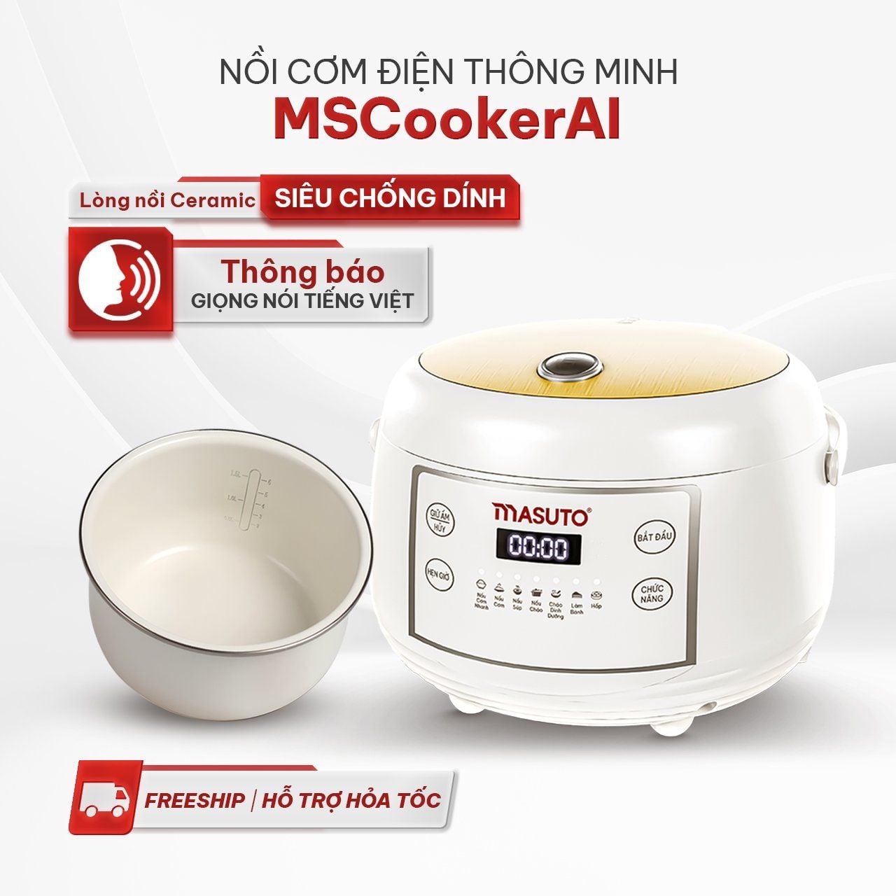 Nồi Cơm Điện Tử Masuto MSCookerAI Dung Tích 1,5L Biết Nói Tiếng Việt, Lòng Nồi Ceramic Chống Dính Cao Cấp, Đa Năng Với 7 Chế Độ Nấu, Có Hẹn Giờ - Hàng Chính Hãng