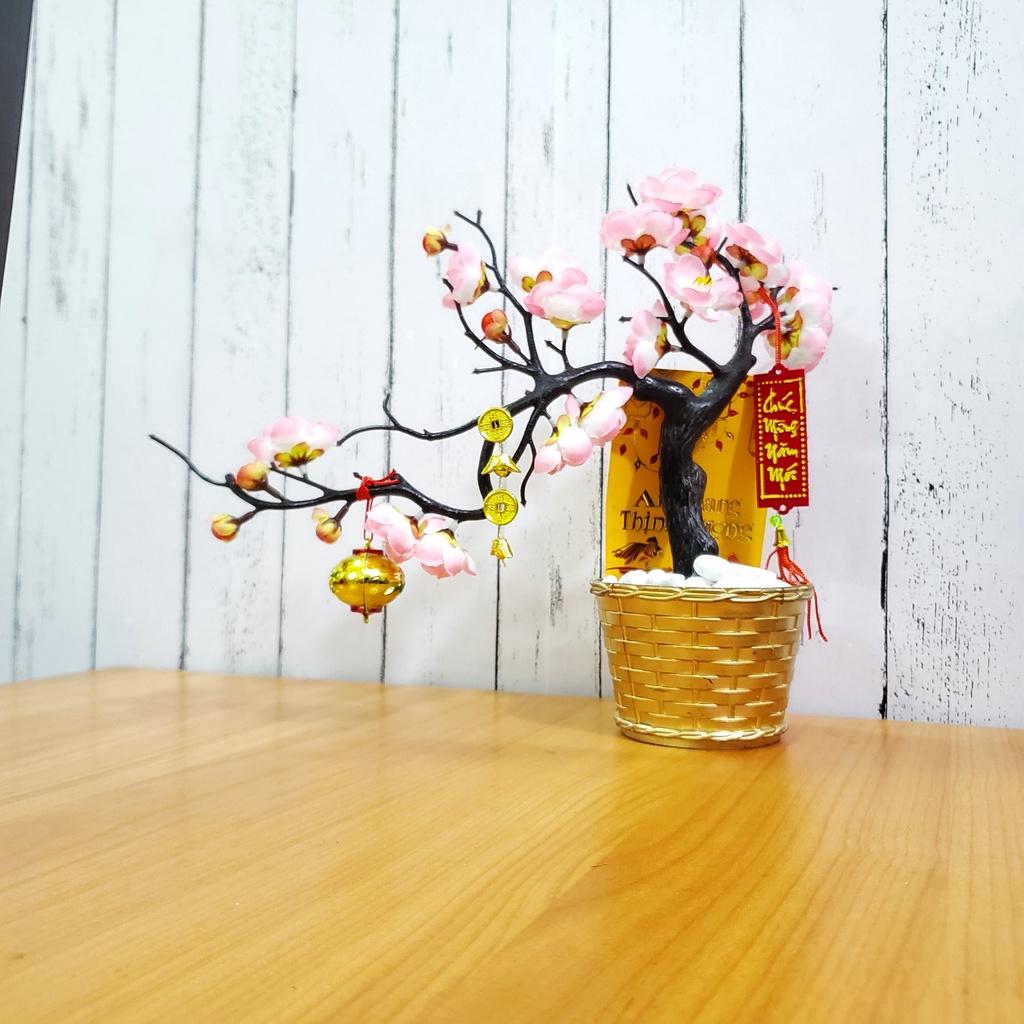Chậu đào nhí giả dáng bon sai trang trí tết cao 25cm