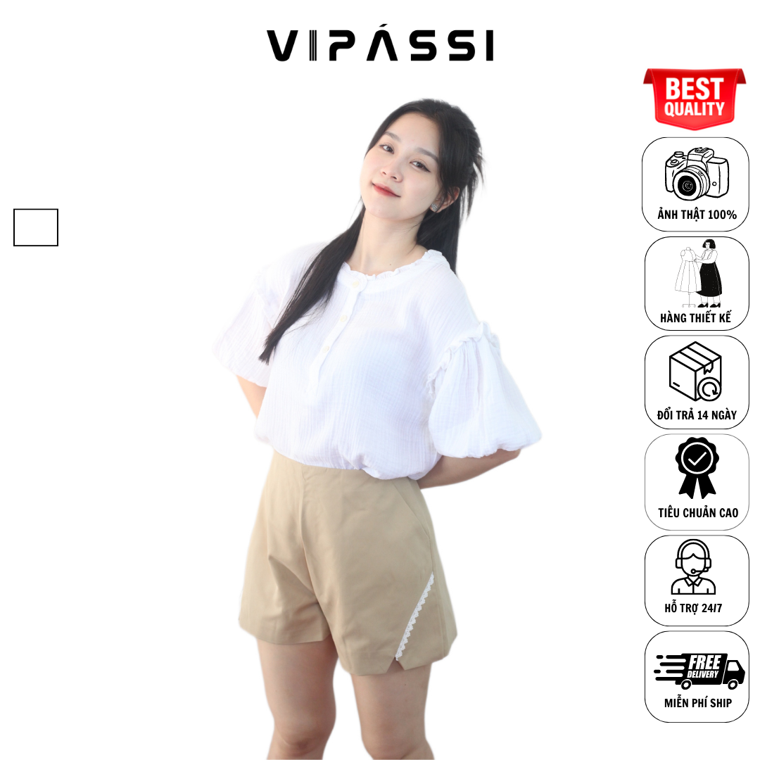 VIPÁSSI Áo Baby Cotton Cổ Bèo Đính Nút Ngắn Tay Phòng Trắng