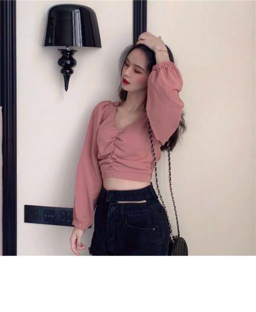 Áo kiểu crop nhún ngực tay dài xênh yêu