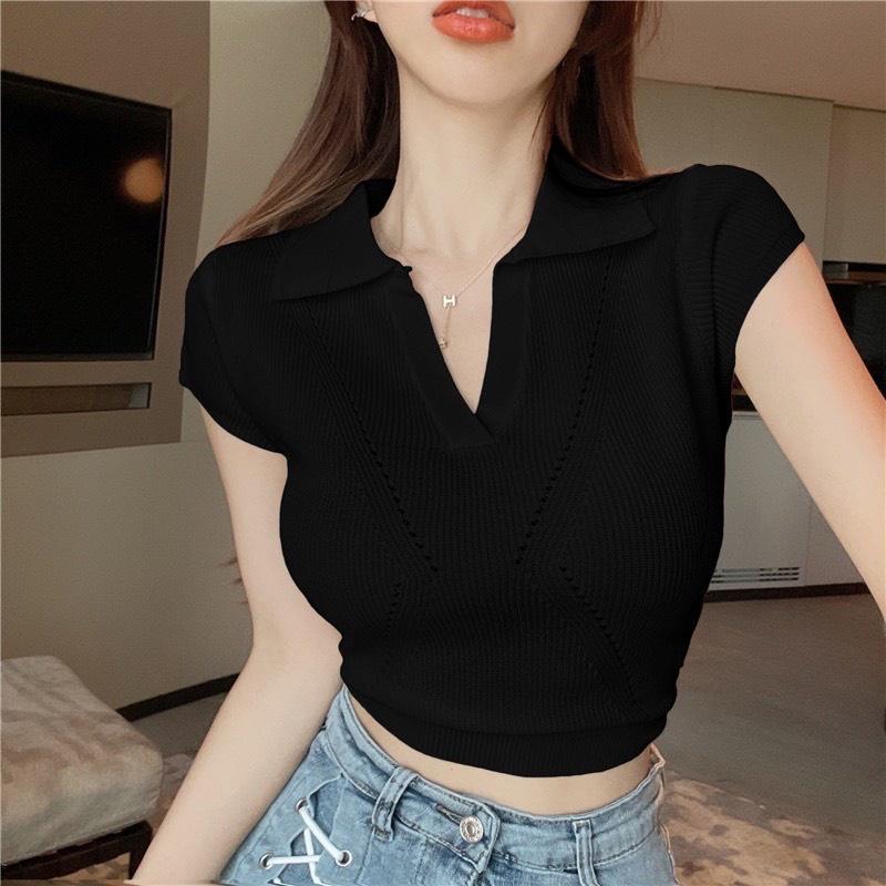 Áo len croptop cổ V tay hến basic