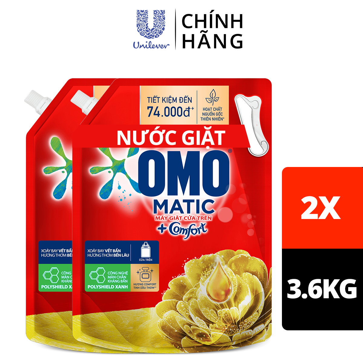 Combo 2 túi nước giặt OMO Matic Comfort hương Tinh dầu thơm cho máy giặt cửa trên, xoáy bay vết bẩn, hương thơm bền lâu, túi 3.6kg