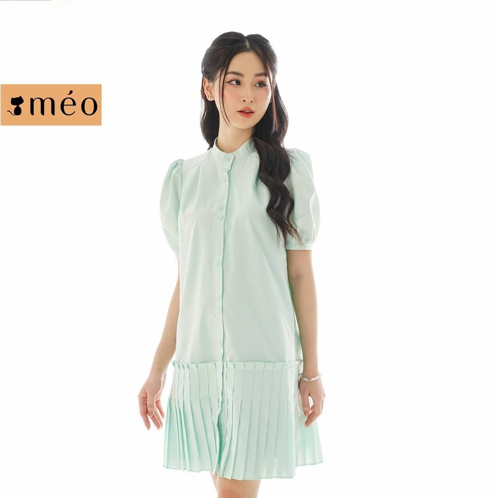Đầm nữ Méo shop váy liền kiểu Hàn ngắn tay cổ tròn phối xếp ly dáng xòe Modey