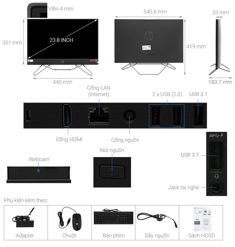 HP 205 Pro G8 AIO R3 5300U/4GB/256GB/23.8&quot;F/KB/Mouse/Win11/( 5R3F1PA )/Đen - Hàng chính hãng