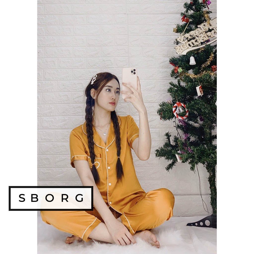 Đồ bộ mặc nhà SBORG bộ ngủ pijama lụa satin trơn mềm mát áo tay ngắn họa tiết cute dễ thương phối quần dài có túi màu đẹp bigsize quà tặng Vợ thoải mái mặc nhà hoặc đi ra ngoài