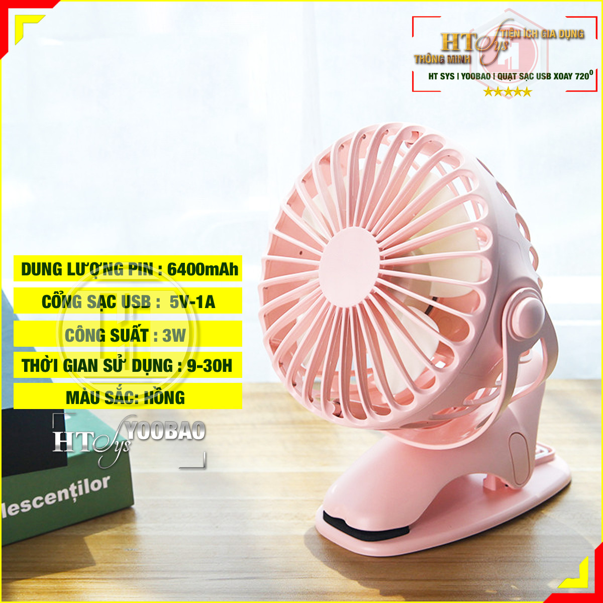 Quạt sạc tích điện mini HT SYS- Yoobao - 6400mAh-04 cấp độ gió - Đế kẹp đa năng - Góc xoay 720 -  Hàng Nhập Khẩu