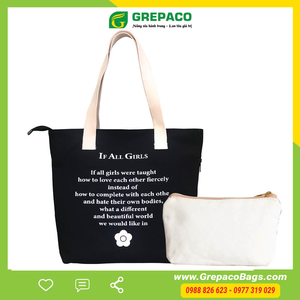 Túi Tote Nữ Grepaco Xách Vải Bố Canvas Cao Cấp In Chữ Đẹp Đeo Chéo Vai Có Khóa Kéo Nhiều Ngăn Dùng Đi Học, Làm Công Sở, Du Lịch Phong Cách Thời Trang Hàn Quốc - Tặng Túi Đựng Mỹ Phẩm - Đen In If - All - Girls