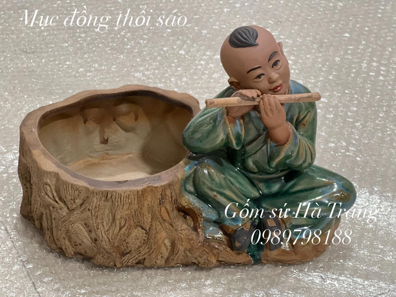 Chậu tượng chậu trồng cây bonsai mục đồng thổi sáo gốm sứ Bát Tràng 