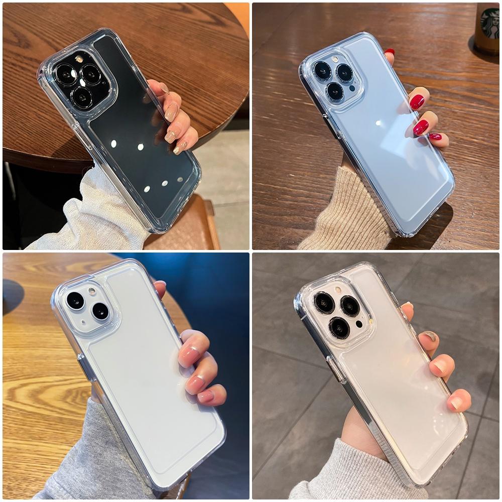 Ốp điện thoại dành cho iPhone trong suốt mặt lưng chống ố vàng, nút kim loại dễ bấm, Silicon dày dặn chống sốc không che camera