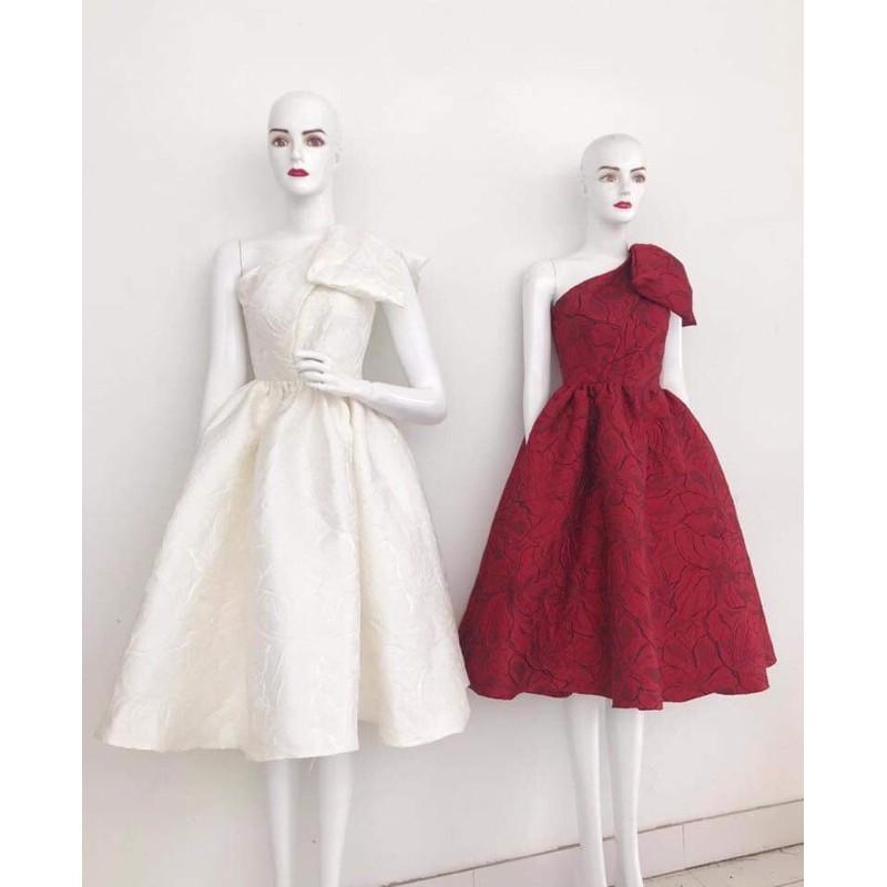 Kèm ảnhthật - ĐẦM XOÈ GẤM LỆCH NƠ VAI SANG TRỌNG - SIZE M/L đến 57kgMM MM