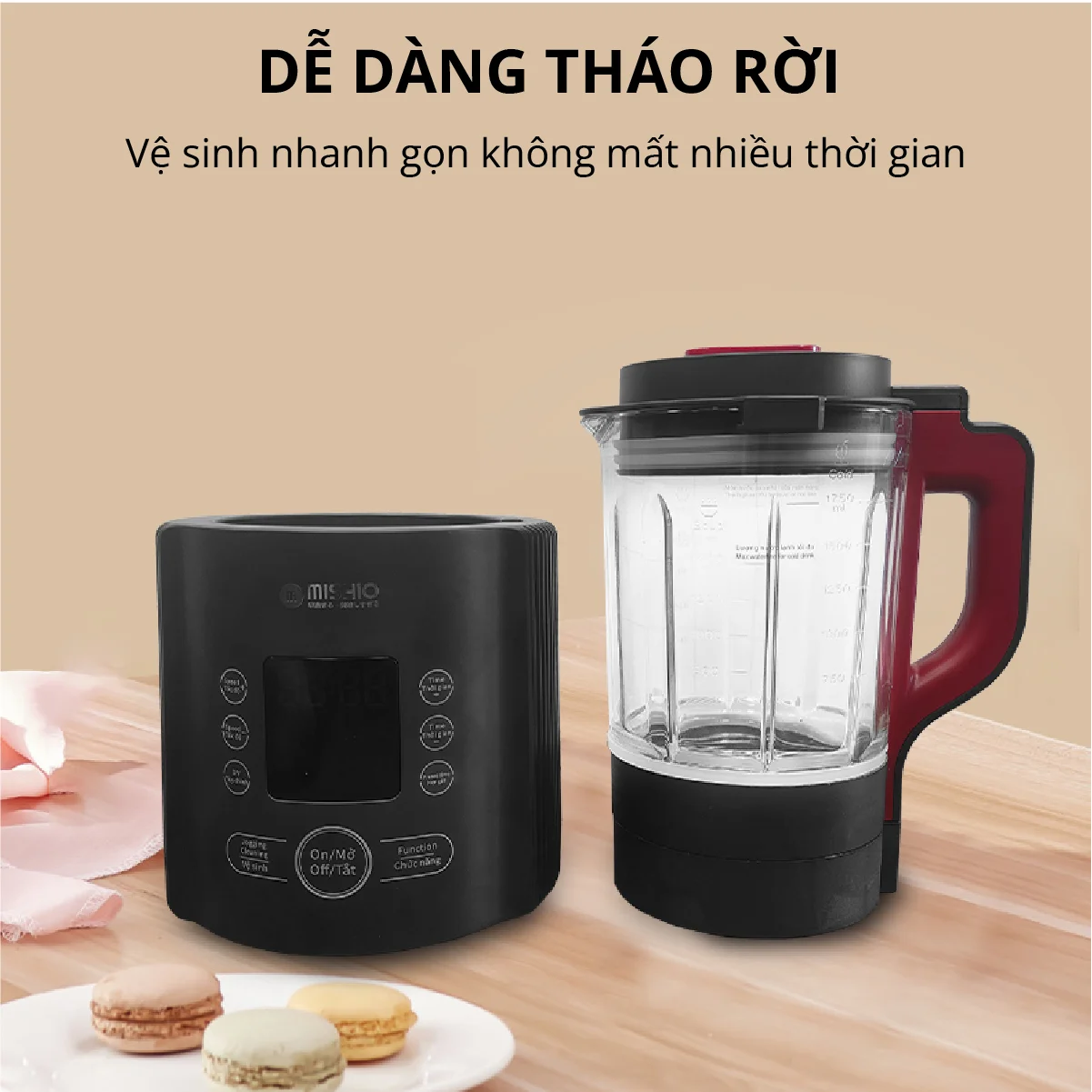 Máy làm sữa đậu nành không cần lọc bã Mishio MK360 800W cối thủy tinh Borisilicate 1.75L - Hàng chính hãng