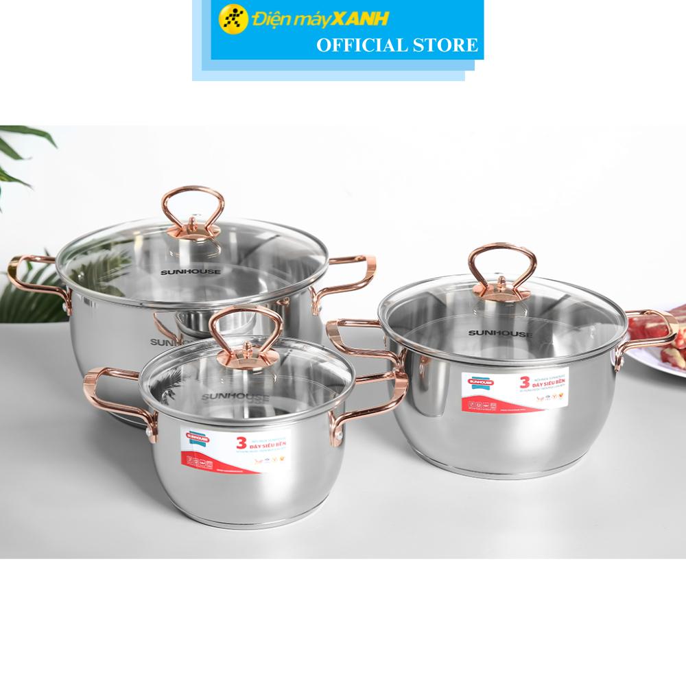 Bộ 3 nồi inox 3 đáy nắp kính Sunhouse SHG306 - Hàng Chính Hãng