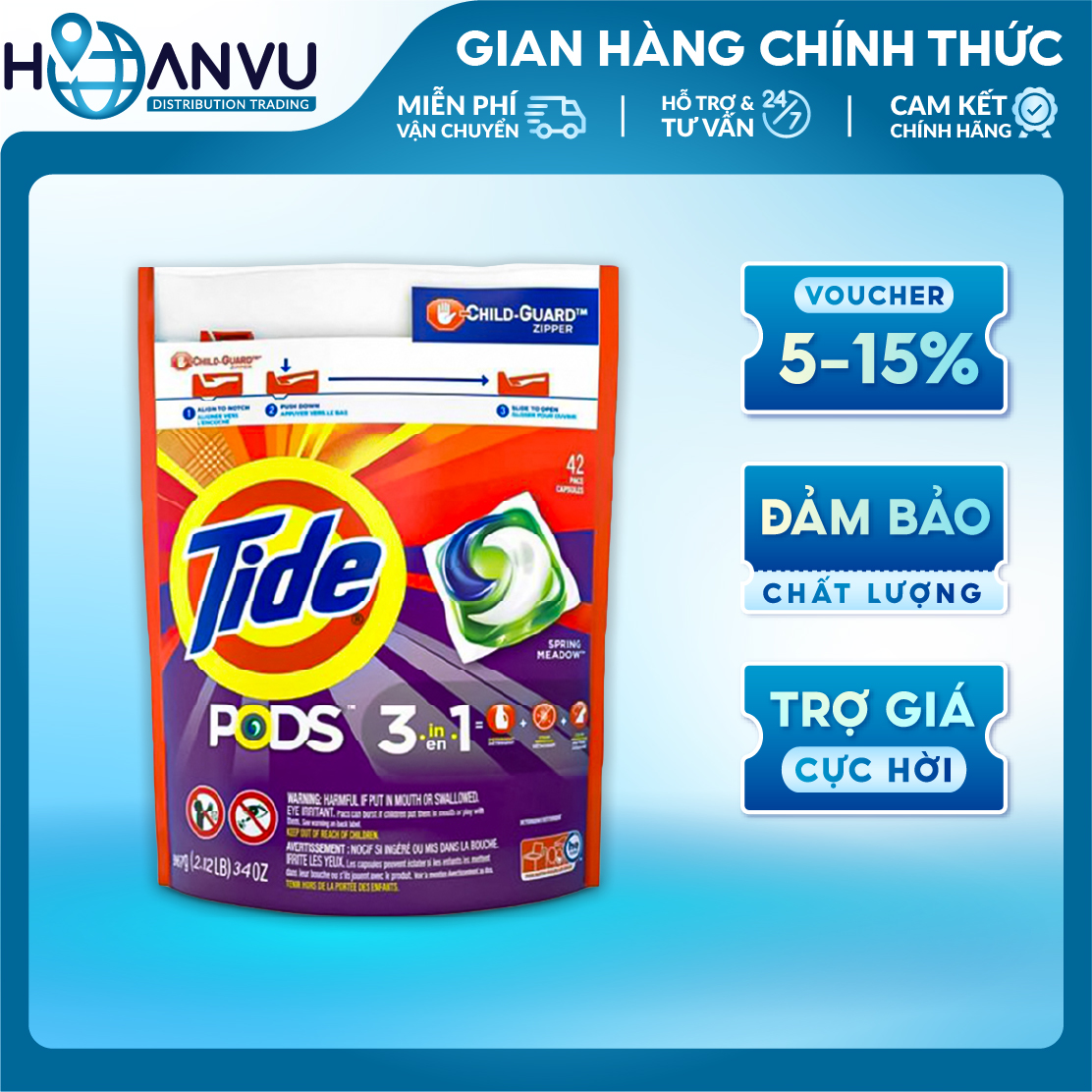 Viên giặt Tide Pod 3 in 1 Sping Meadow hương cỏ may 42 viên