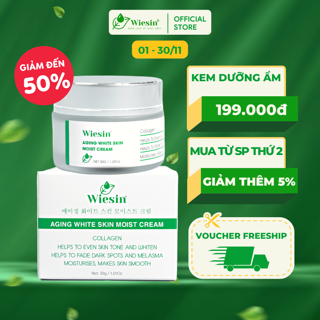 Kem dưỡng ẩm cho da dầu, da khô Wiesin Aging White Skin Moist Cream 30g - WS05