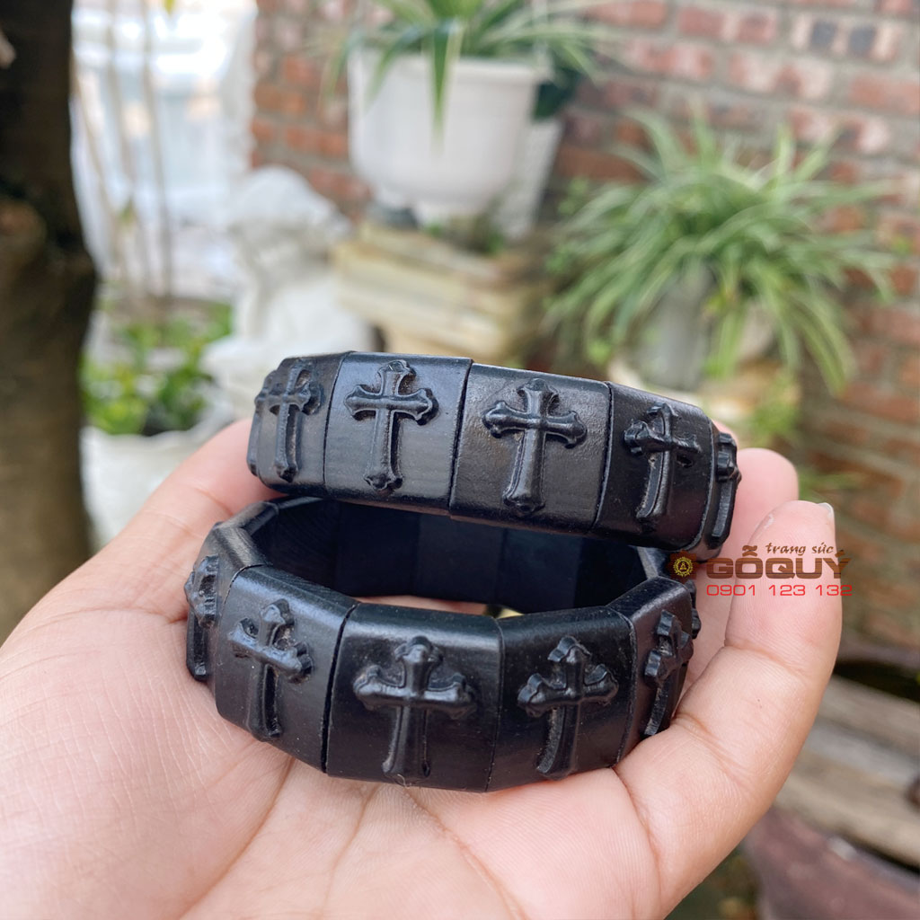 Vòng tay Công giáo hoạ tiết Thánh giá gỗ mun đen