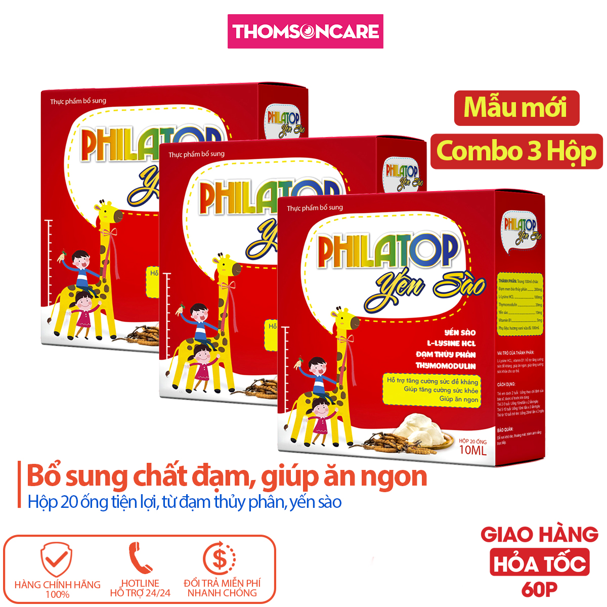 Philatop Yến Sào Combo 3 hộp - Dùng cho trẻ biếng ăn, chậm lớn, người già, người lớn tăng đề kháng. Bổ sung chất đạm tăng cường sức khỏe cơ thể - Thomsoncare