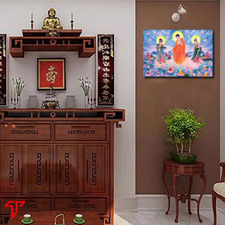 Tranh Phật giáo cán gỗ cao cấp mẫu tam thánh linh thiêng, Tranh Phật Giáo Tam Thánh 2444