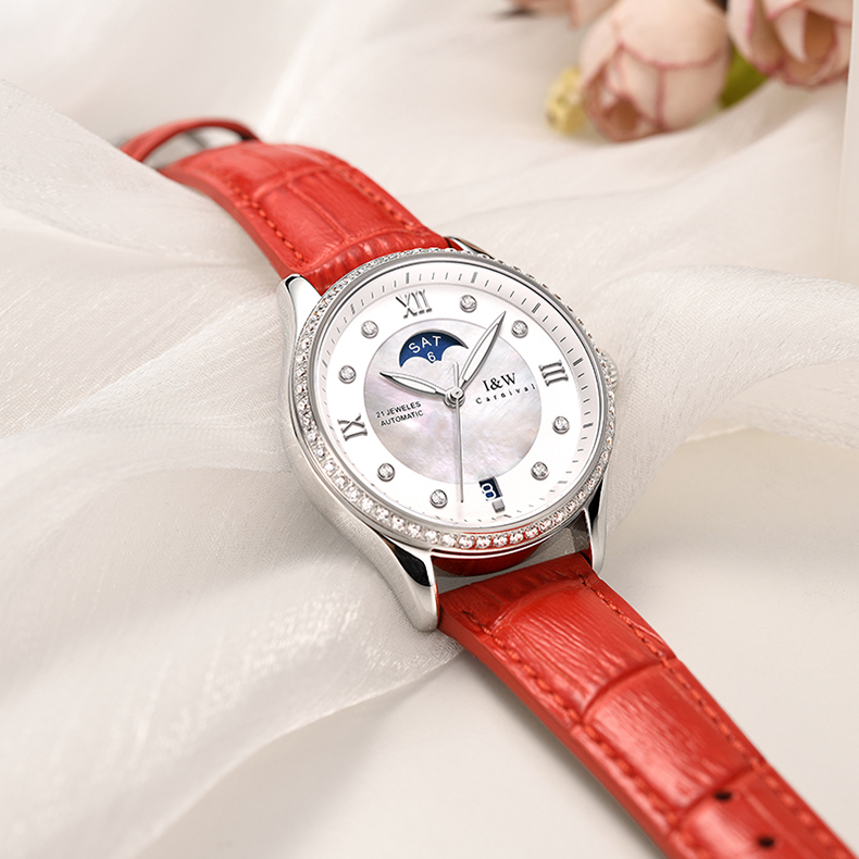 Đồng hồ nữ chính hãng I&amp;W CARNIVAL IW582G-3 Kính sapphire ,chống xước ,Chống nước 30m ,Bảo hành 24 tháng,Máy cơ (Automatic),dây da cao cấp, thiết kế đơn giản dễ đeo