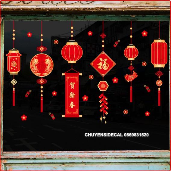 Decal trang trí tường Tết - Rèm lồng đèn sắc nét