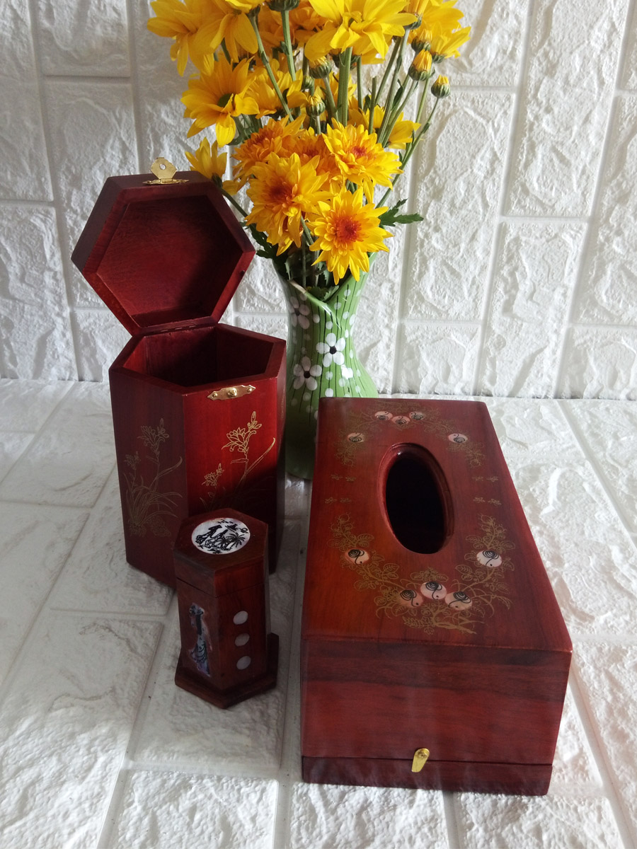 Bộ 3 món tiện ích gỗ hương ,Hộp Trà trung loại cao 16cm, hộp tăm,hộp giấy chữ nhật - COM3T16