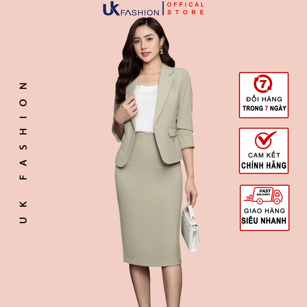 Bộ Vest Nữ Công Sở UK Fashion Gồm Áo Tay Lỡ Trẻ Trung Kết Hợp Chân Váy Bút Chì, Chất Vải Co Giãn Mềm Mịn NKFBD2208007