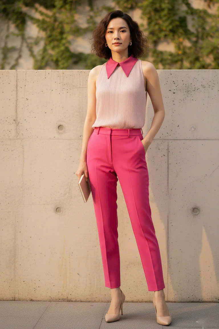 Áo Sơ Mi Vai Yếm Dập Ly, Áo Sát Nách Cổ Sơ Mi Hồng thời trang thiết kế Hity TOP246