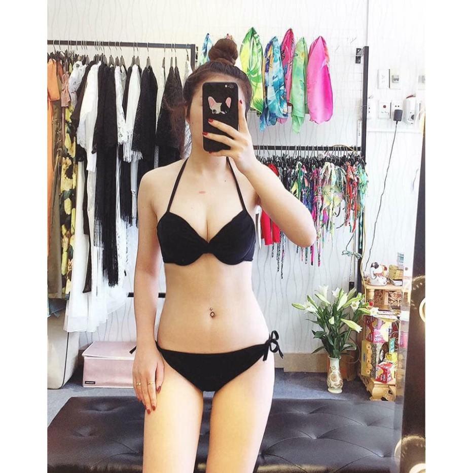 freeship Bikini hai mảnh đen sexy cạp thấp mặc đi biển đi bơi ( Đồ bơi bà bầu mặc được)