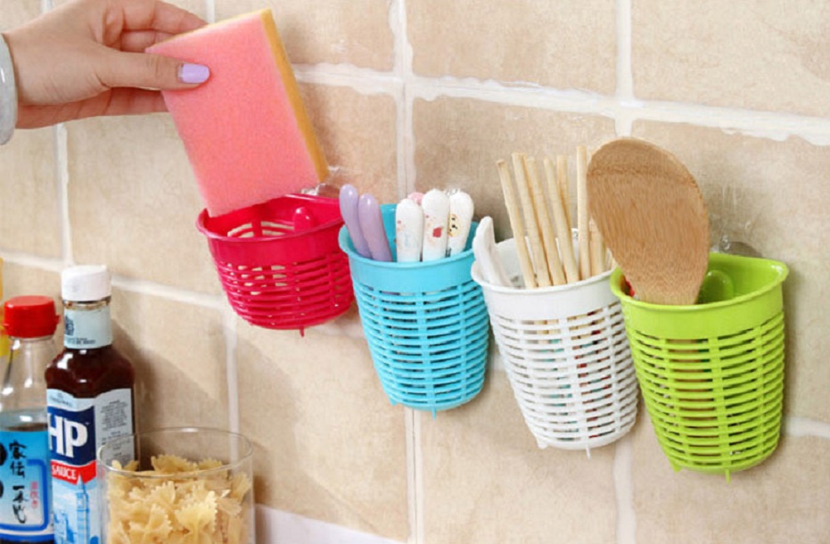 Combo Giá để giẻ rửa bát hình rổ màu trắng + Set 5 miếng xốp rửa bát 1 mặt ráp cao cấp