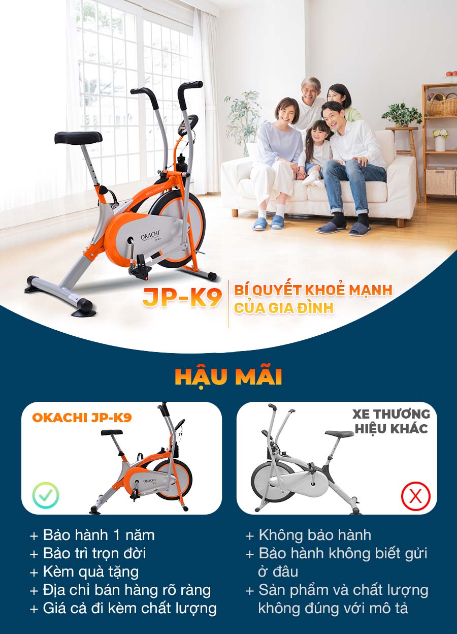 Xe Đạp Tập Thể Dục OKACHI SPORT JP-K9 (Cao Cấp) Khung Thép Dày Tải Trọng 150kg Siêu Chắc Chắn, Yên Xe To Ngồi Thoải Mái
