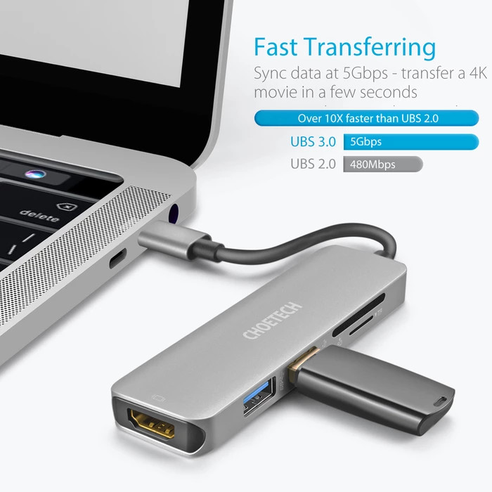 Hub Adapter chuyển đổi 5 in 1 Type-C ra 2 cổng USB 3.0, cổng HDMI 4K, &amp; cổng thẻ nhớ SD và thẻ TF hiệu CHOETECH M18 dùng cho điện thoại / Macbook / Laptop (tốc độ cao, kết nối nhiều thiết bị, trình chiếu video) - Hàng chính hãng