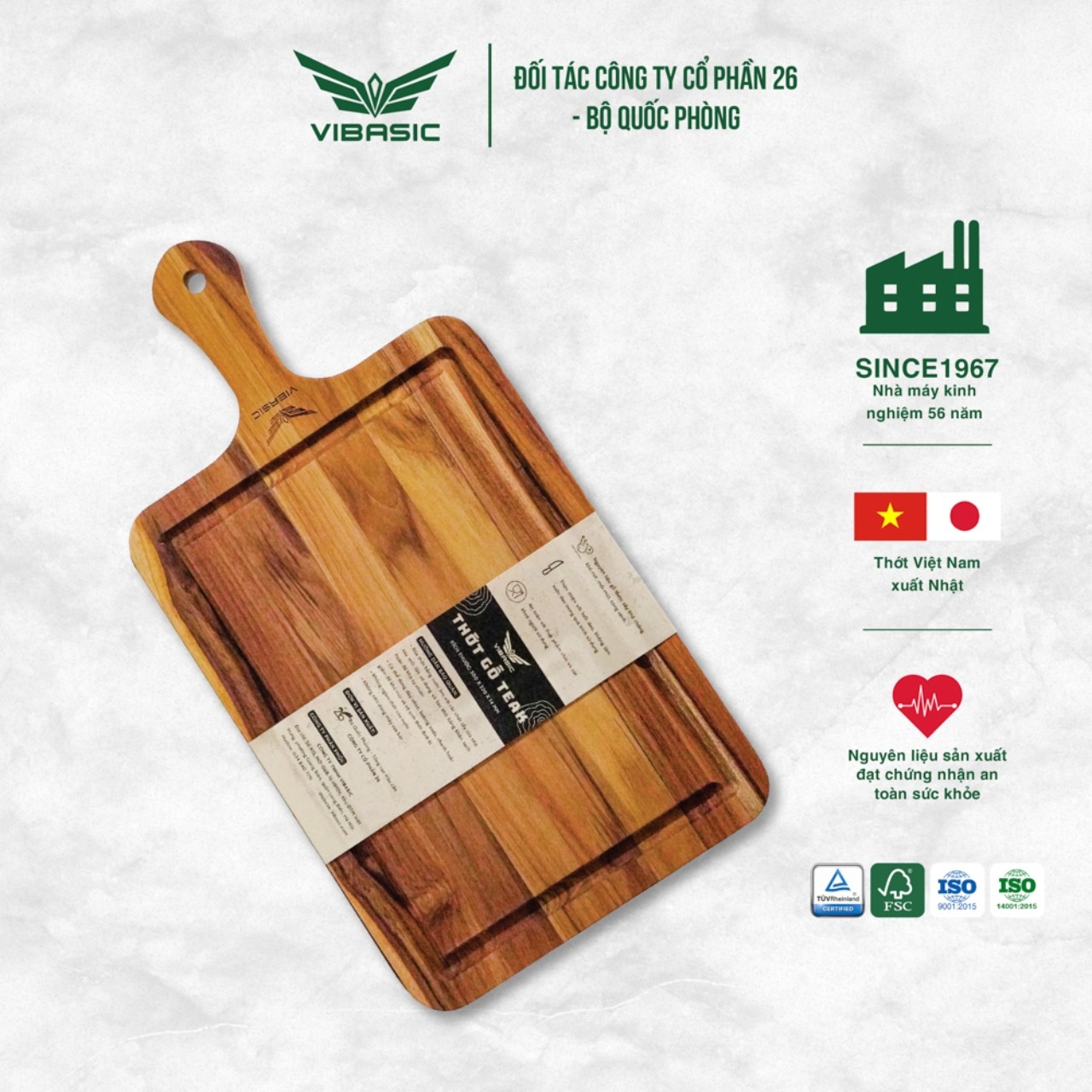 Thớt gỗ Teak Vibasic ghép ngang solid có tay cầm kích thước 300x220x18cm - Hàng chính hãng Bộ Quốc Phòng