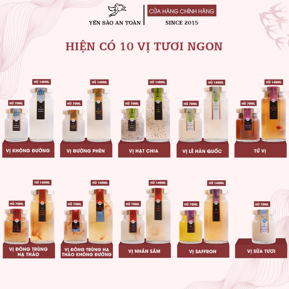 Combo 6 hũ yến chưng sẵn có 10 vị để lựa chọn ĐẬM ĐẶC YẾN TƯƠI từ Yến Sào An Toàn