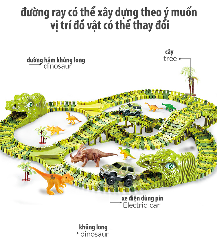 Bộ xếp hình đường đua ô tô khủng long biến đổi đường ray, bộ đồ chơi khủng long thú vị dành cho trẻ em