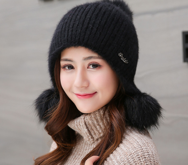 Mũ len quả bông nữ phong cách Hàn mới, nón len trùm đầu nữ mới