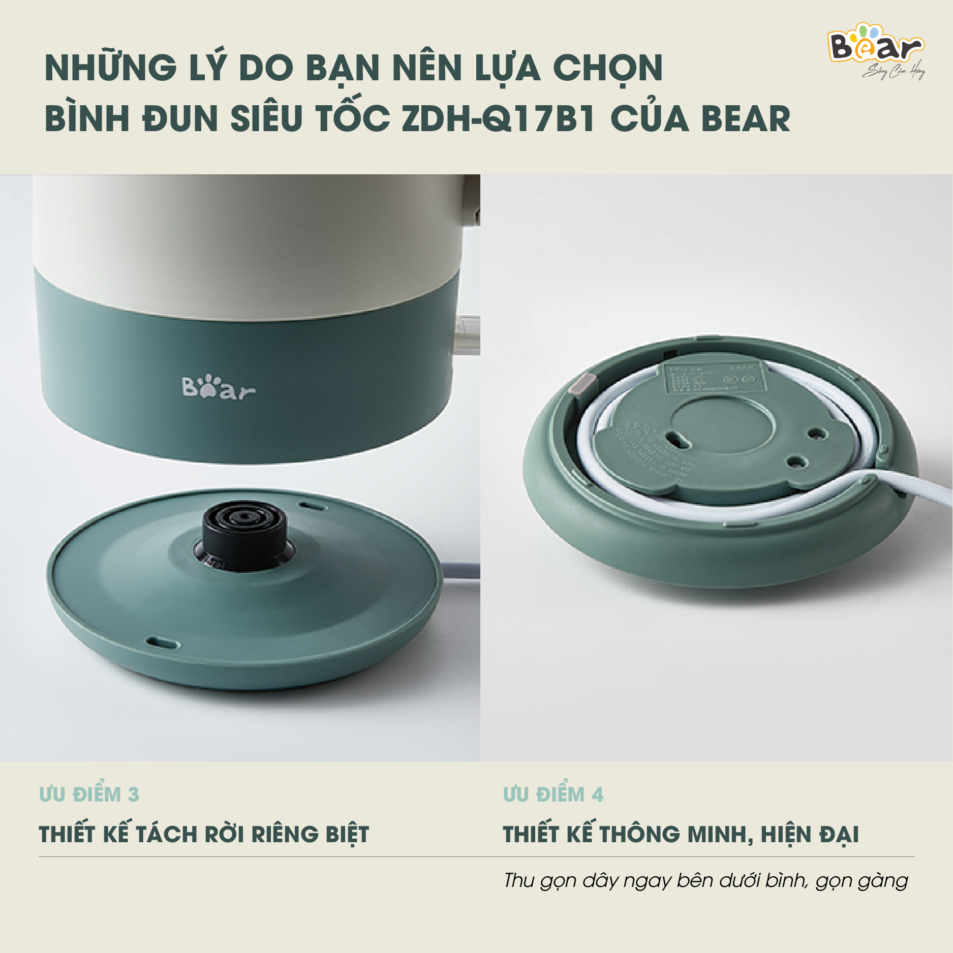 Ấm Siêu Tốc 1,7L Bear Công Suất Lớn, Bình Đun Nước Nóng Nhanh Pha Trà, Bền Bỉ ZDH-Q17B1 - Hàng Chính Hãng