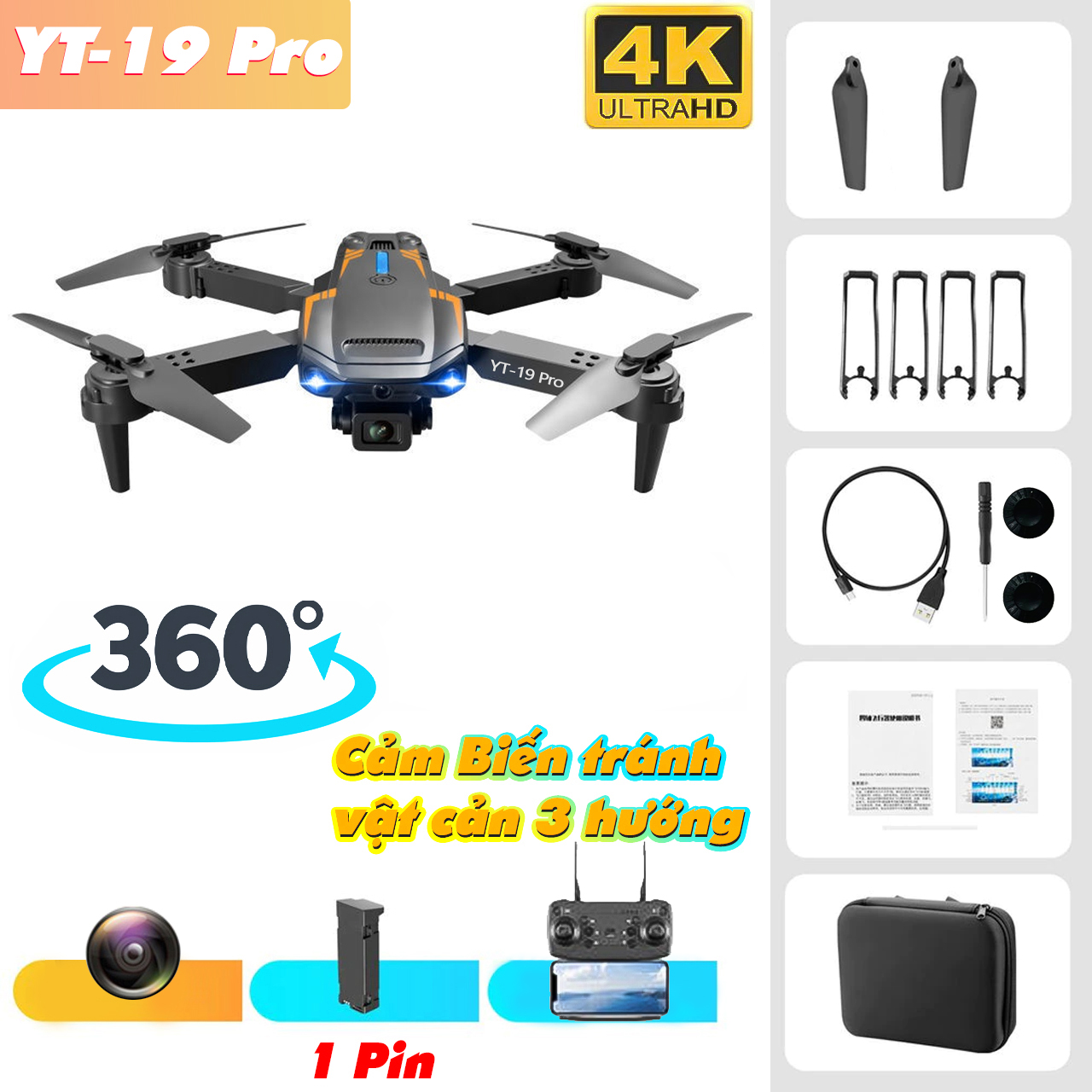 Flycam YT-19 Pro phiên bản version 2 E88 cảm biến vật cản 3 hướng, camera xoay 360 độ, thời gian bay 25 phút - hàng chính hãng