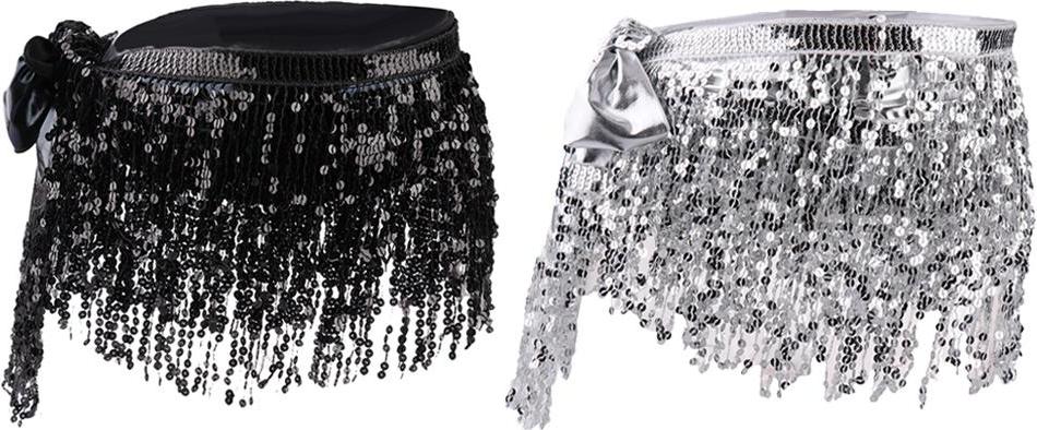2 Pieces Belly Dance Waist Chain Hip Skirt Scarf with Sequins Tassel Womens
