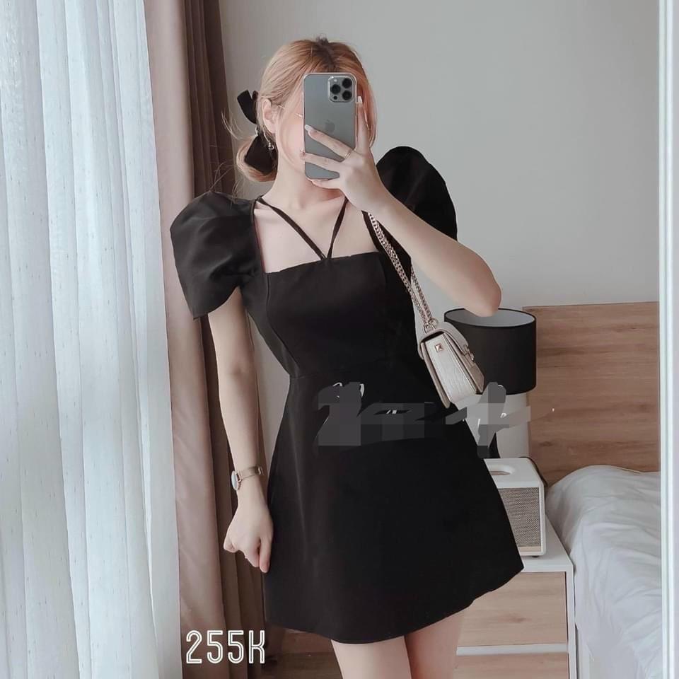 Váy đầm nữ dáng suông tay phồng cổ vuông cột nơ
